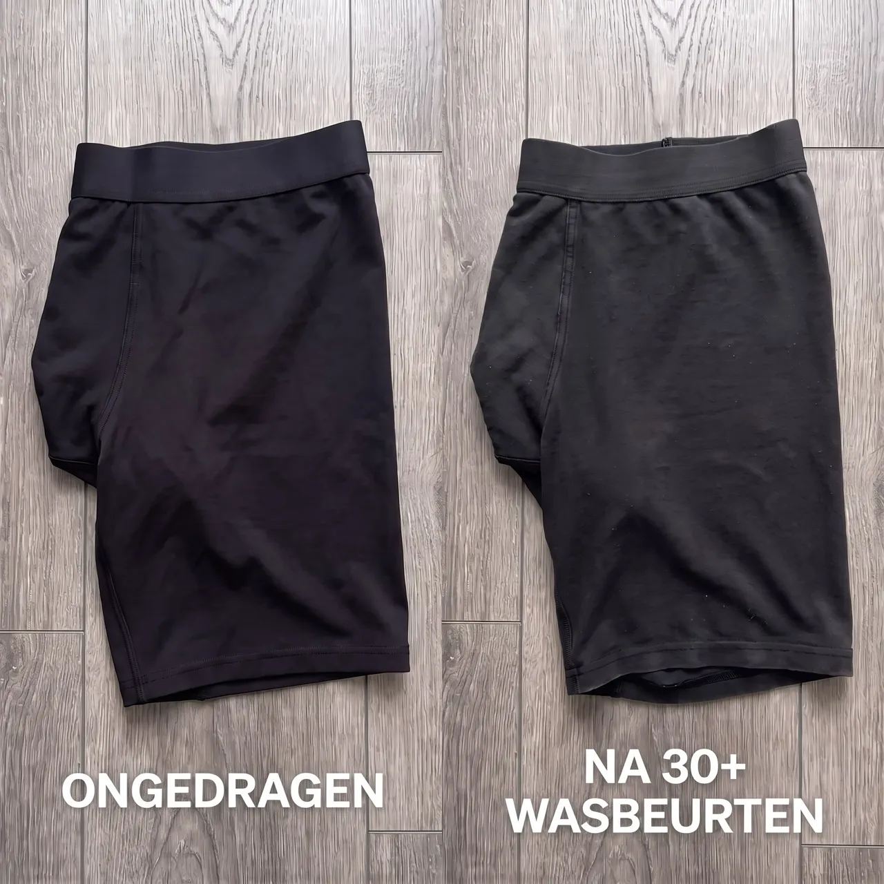 Vergelijkingsbeeld van een ongedragen zwarte boxer en een boxer na meer dan dertig wasbeurten.