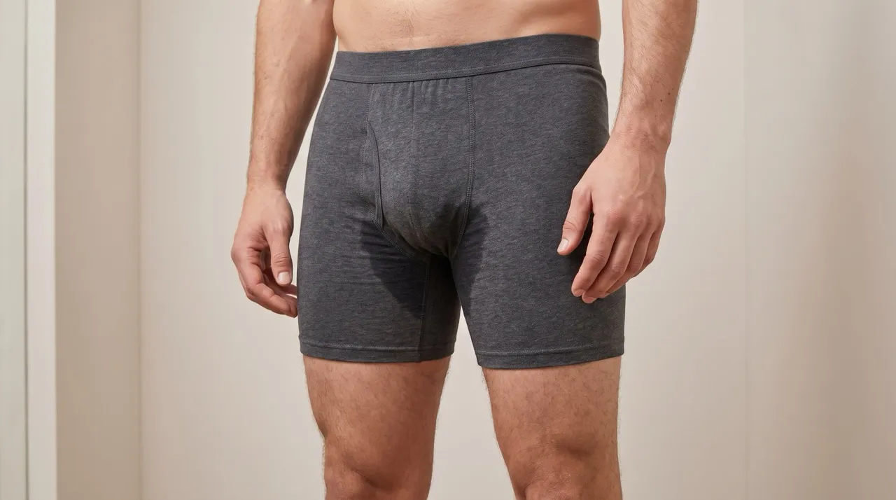 Grijze boxer gedragen door een model, van voren gezien.