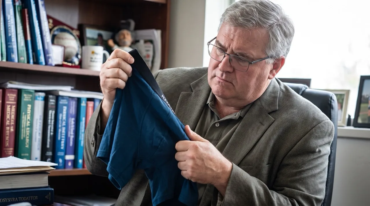 Man bekijkt een blauwe boxer in een kantoor.