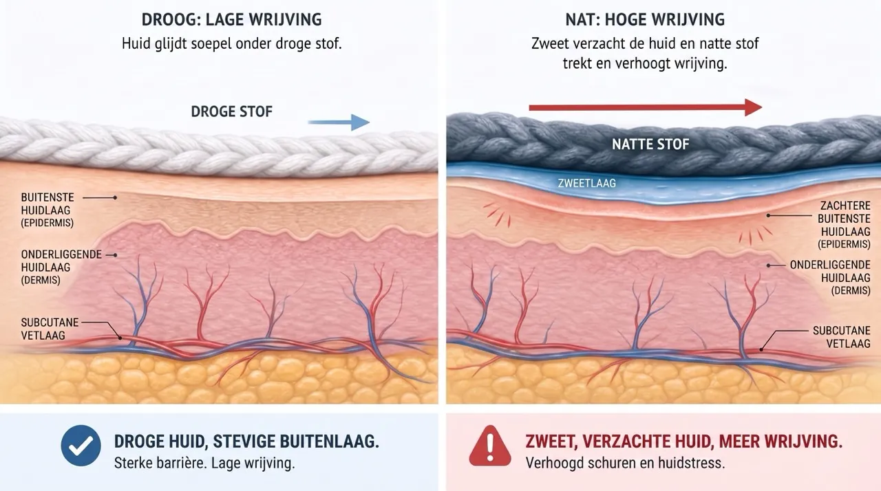 Schema met uitleg over droge en natte stof en wrijving op de huid.