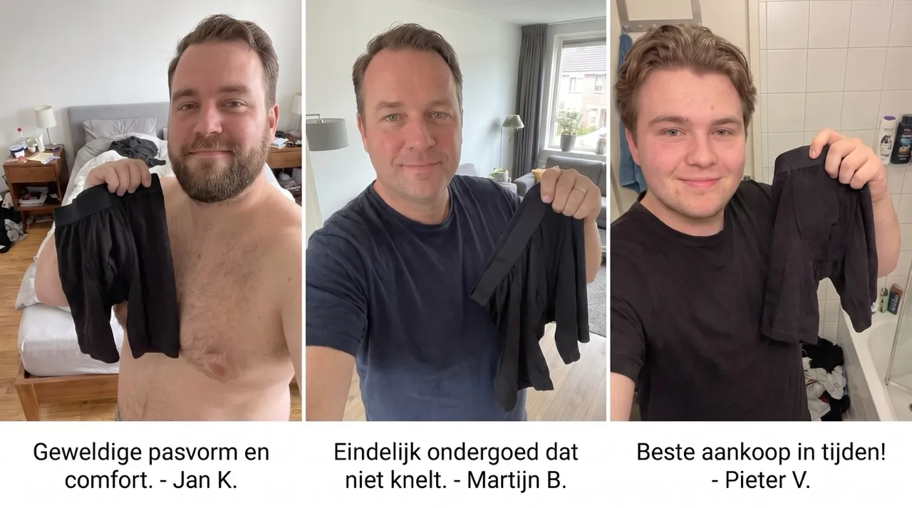 Drie mannen met boxers en Nederlandse klantreacties in beeld.
