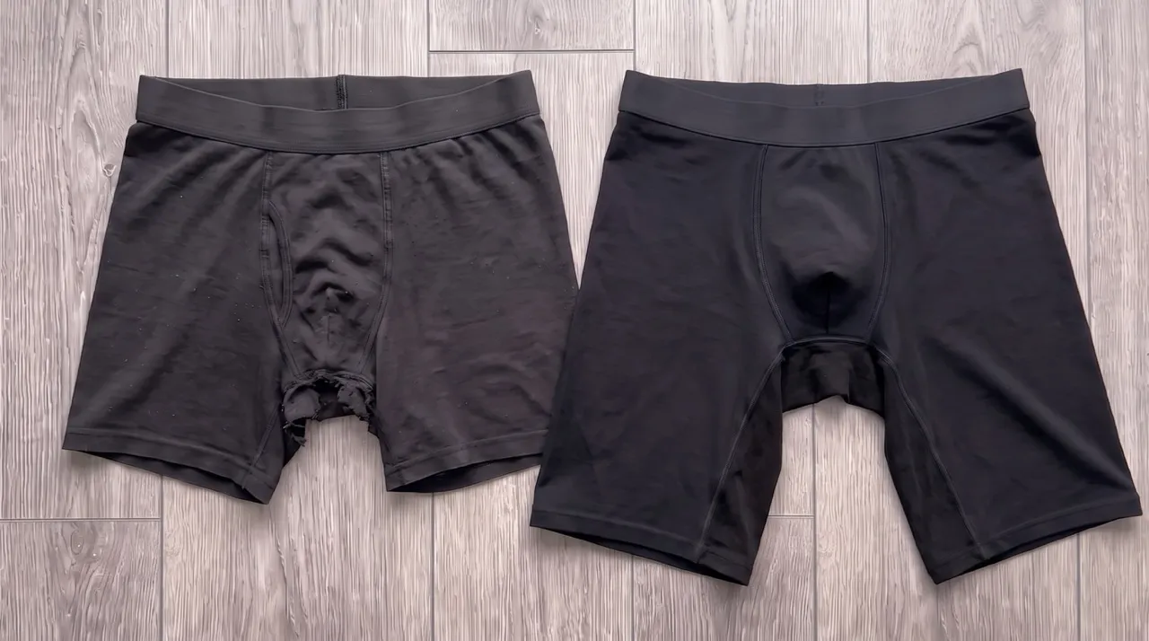 Een versleten, gescheurde boxer naast een intacte zwarte boxer.